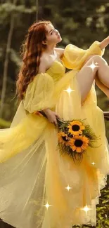 Woman in yellow dress on swing with sunflowers in a serene forest setting.