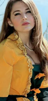 Portrait of a woman in a yellow dress posing outdoors.