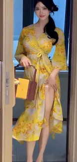 Woman in a yellow floral dress posing elegantly.