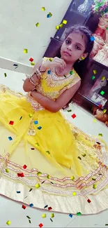 Young girl in a vibrant yellow traditional dress sitting gracefully indoors.