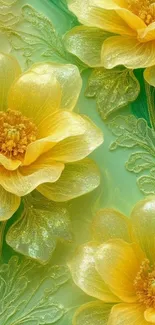 Yellow flowers with detailed petals on a green backdrop.