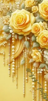 Elegant yellow floral wallpaper with roses and pearls.