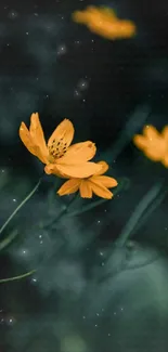 Mobile wallpaper with yellow flowers on a dark background.