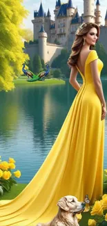 Woman in a yellow gown near a castle.