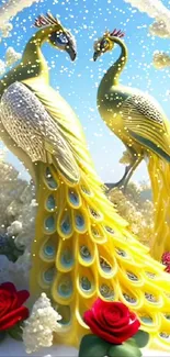 Beautiful yellow peacocks with roses and floral design.