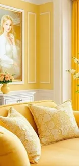 Elegant yellow-themed room with a sofa and wall portrait.