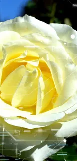 Close-up of a yellow rose in bloom with lush green background.