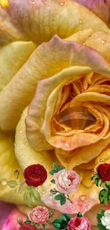 Close-up of a yellow rose with decorative floral touches.