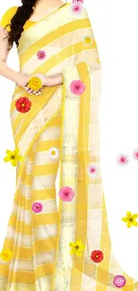 Mobile wallpaper featuring an elegant yellow saree with striped pattern.