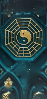 Elegant yin yang symbol on a teal background with golden details.