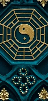 Teal and gold detailed Yin-Yang symbol wallpaper.