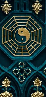 Yin-Yang symbol in gold on a teal background, elegant and artistic design.