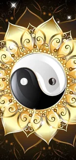 Elegant golden mandala with Yin Yang symbol on a mobile wallpaper.