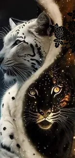 Yin-yang wallpaper with snow leopard and panther in cosmic background.