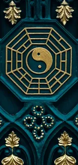Elegant Yin-Yang design with gold accents on teal background.
