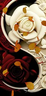 Yin Yang roses with autumn leaves.