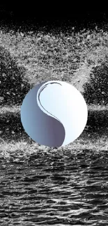 Yin Yang symbol with water splash on a dark mobile wallpaper.