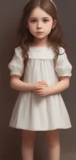 Portrait of a young girl in a white dress with a soft, brown background.