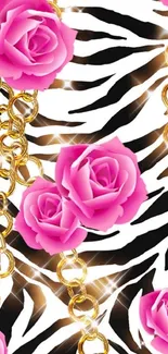 Mobile wallpaper with pink roses, gold chains, and zebra stripes.