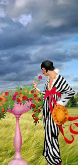 Stylish woman in zebra dress with floral vase in field.