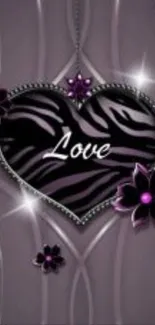 Zebra heart wallpaper with purple flowers and love text.