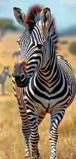 Zebra in natural habitat with background wildlife.