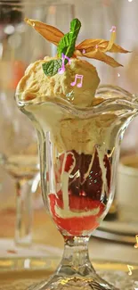 Elegant dessert in a glass with vanilla, strawberry, and mint garnish.