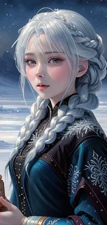 Fantasy character with braids in a winter landscape.