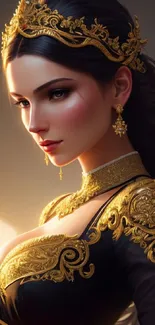 A fantasy portrait of a woman adorned in gold jewelry and a crown.