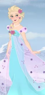 Cartoon princess in a blue dress with a winter backdrop.