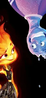 Animated elemental characters against dark background.