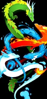 Artistic depiction of colorful elemental dragons intertwined.