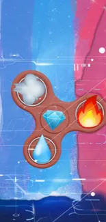 Fidget spinner with elements on vibrant blue and red background.