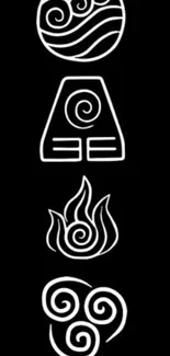 Minimalist black mobile wallpaper with elemental symbols in white.