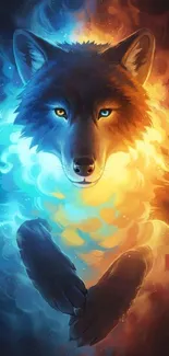 Vibrant elemental wolf with fire and ice background, perfect for fantasy lovers.