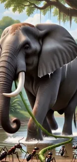 Illustration of an elephant and ants in a jungle setting
