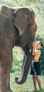 Boy gently touching an elephant in a forest setting, symbolizing peace.