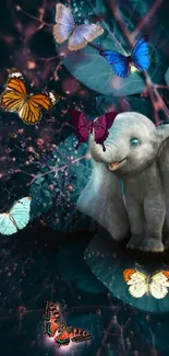 Cute baby elephant with colorful butterflies on dark teal background.