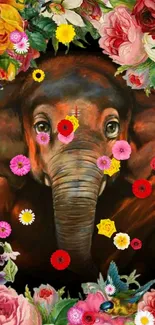 Artistic wallpaper of an elephant amid colorful flowers.