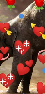 Elephant with heart and rose emojis on serene background.