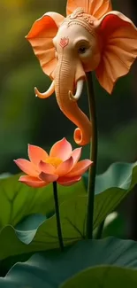 Elephant sculpture and lotus flower mobile wallpaper.