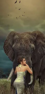 Woman in elegant dress with elephant under dramatic sky.