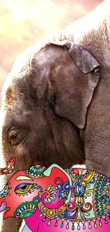 Elephant with colorful artistic pattern in mobile wallpaper design.