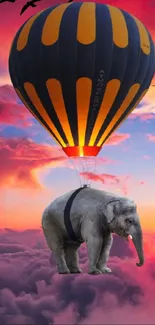 A surreal scene of an elephant flying beneath a colorful hot air balloon at sunset.