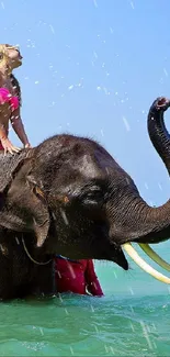 Woman riding elephant in the ocean on a sunny day.