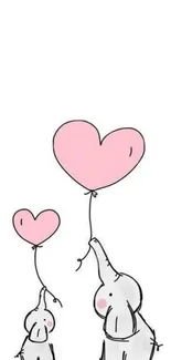 Cute elephants with heart balloons on a white background wallpaper.