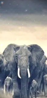 Majestic elephant herd walking in serene landscape.