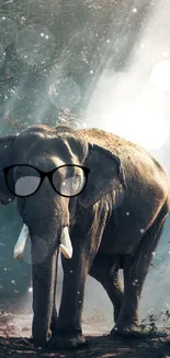 Elephant with glasses in a misty forest illuminated by light beams.