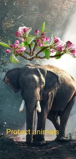 Elephant adorned with flowers in a sunlit forest scene, highlighting nature's beauty.