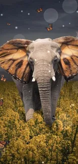 Elephant with butterfly ears in a yellow flower field.